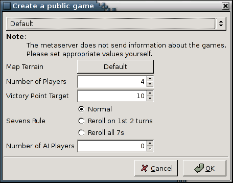 The Create a public game dialog